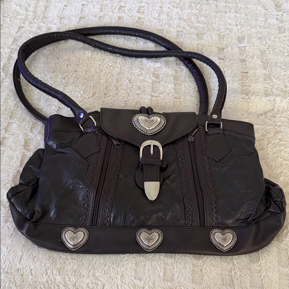 Elegant Brown Leather Women's Bag with Heart Accents
